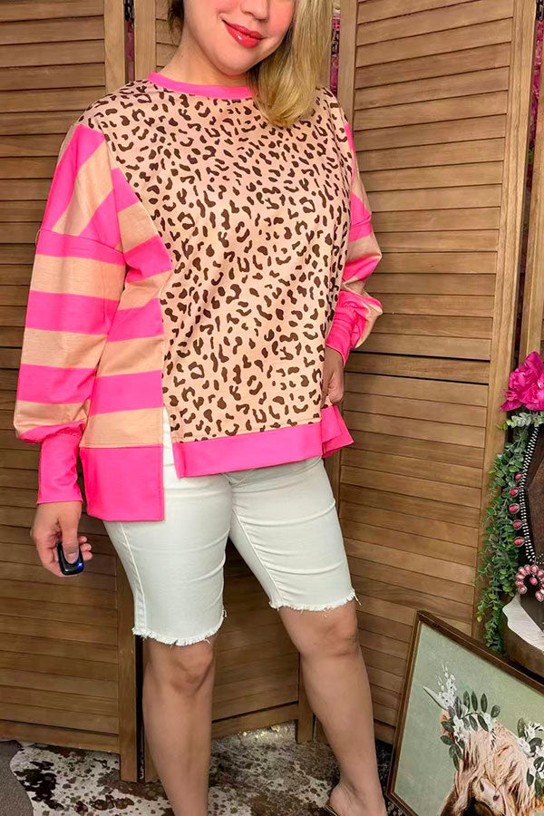 Pink Stripe Leopard Long Sleeve Women Top XCH16781