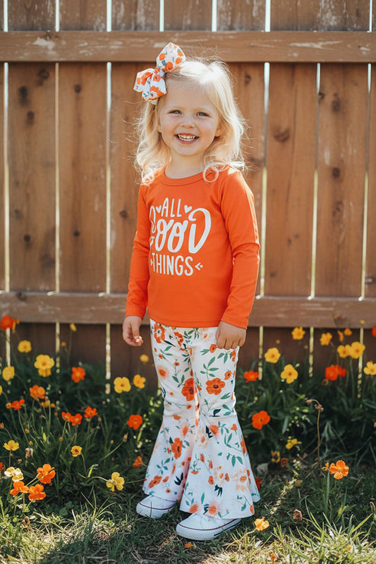 XCH0015-12 "ALL GOOD THINGS" top & floral pant 2pcs girls sets
