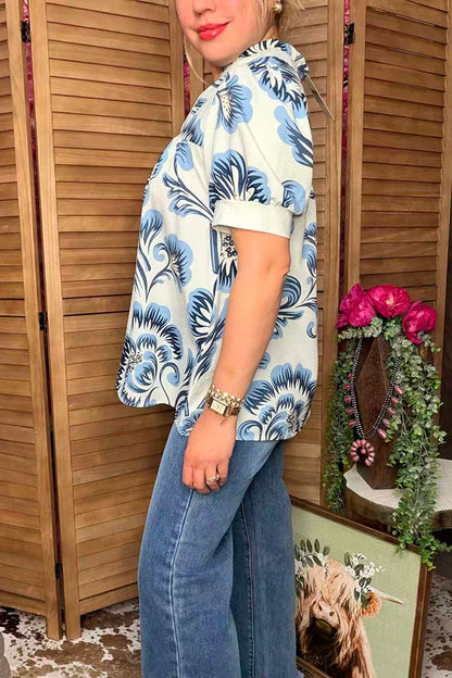 Southern Stitch Blue floral baby doll puff short sleeve women top GJQ16996