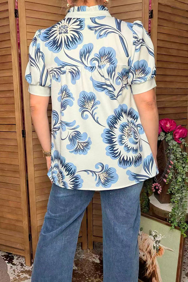 Southern Stitch Blue floral baby doll puff short sleeve women top GJQ16996