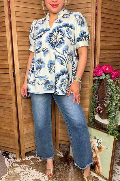 Southern Stitch Blue floral baby doll puff short sleeve women top GJQ16996
