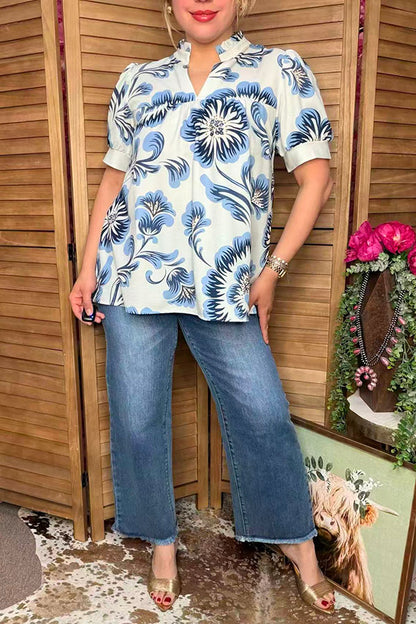 Southern Stitch Blue floral baby doll puff short sleeve women top GJQ16996