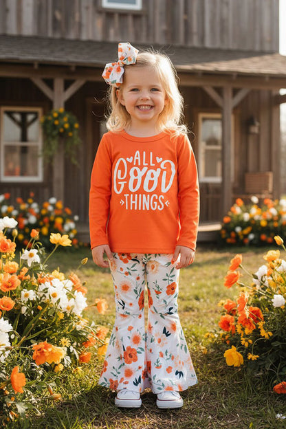 XCH0015-12 "ALL GOOD THINGS" top & floral pant 2pcs girls sets
