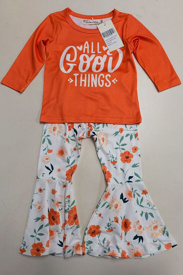 XCH0015-12 "ALL GOOD THINGS" top & floral pant 2pcs girls sets