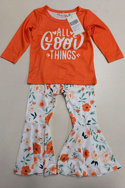 XCH0015-12 "ALL GOOD THINGS" top & floral pant 2pcs girls sets