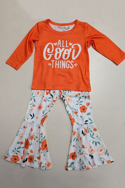 XCH0015-12 "ALL GOOD THINGS" top & floral pant 2pcs girls sets
