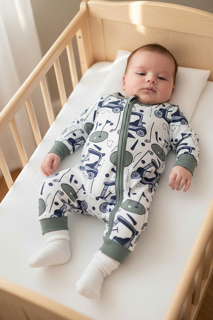 Golf cart pattern printed long sleeve baby romper XCH05037