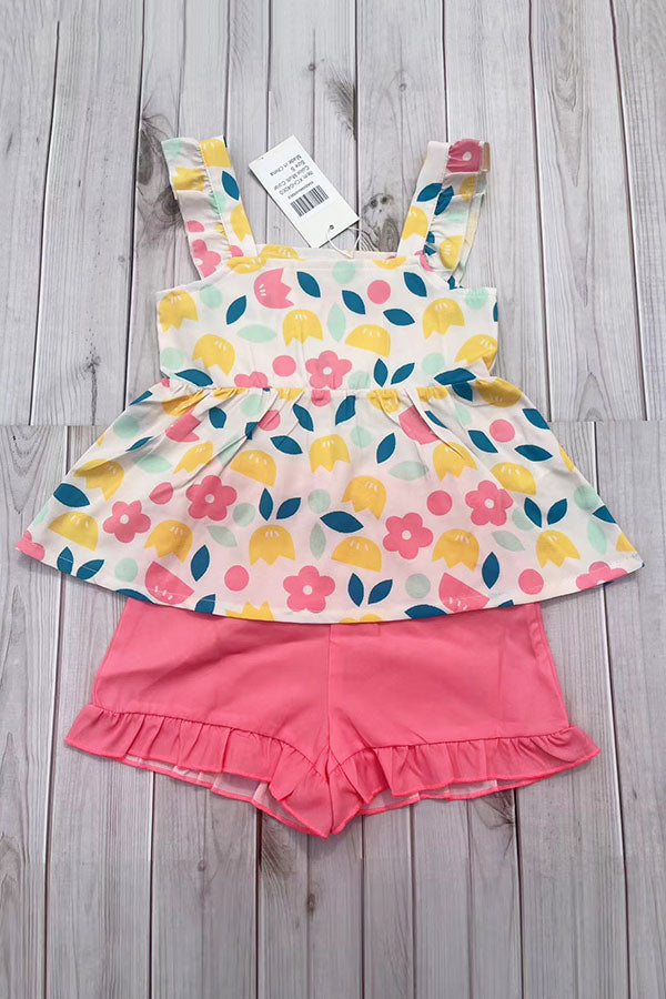 Yellow floral printed & coral shorts 2pcs girls sets/non-stretchy fabric XCH04060