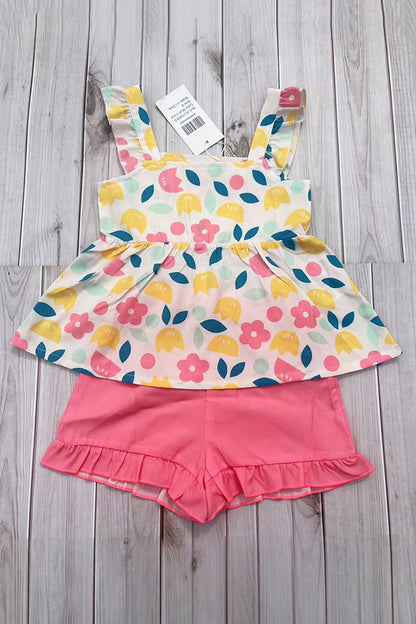 Yellow floral printed & coral shorts 2pcs girls sets/non-stretchy fabric XCH04060