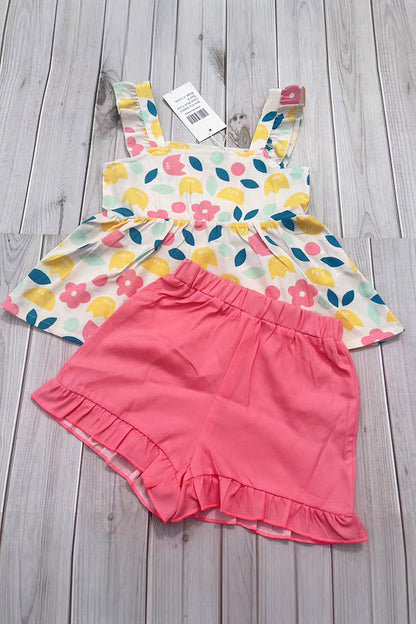 Yellow floral printed & coral shorts 2pcs girls sets/non-stretchy fabric XCH04060