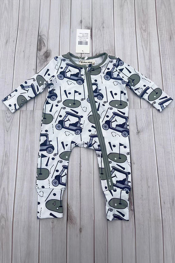Golf cart pattern printed long sleeve baby romper XCH05037