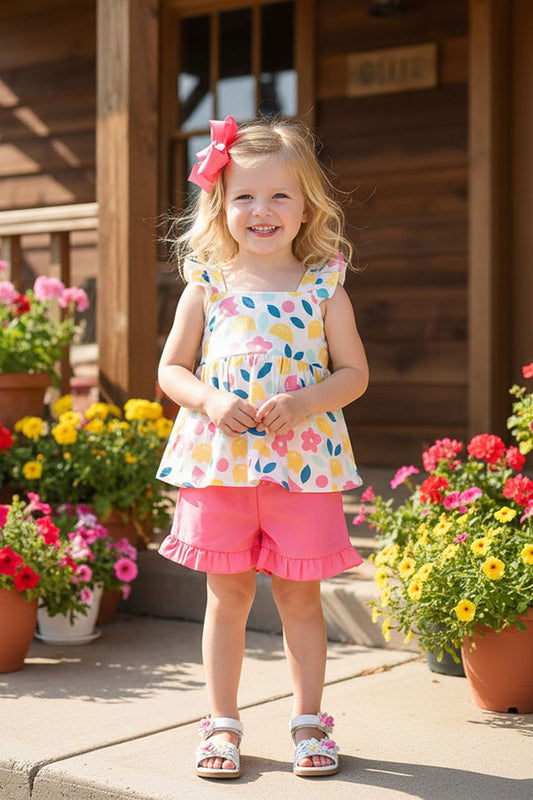 Yellow floral printed & coral shorts 2pcs girls sets/non-stretchy fabric XCH04060
