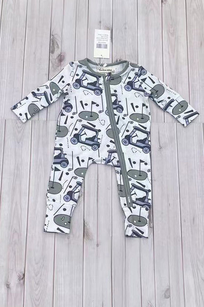 Golf cart pattern printed long sleeve baby romper XCH05037
