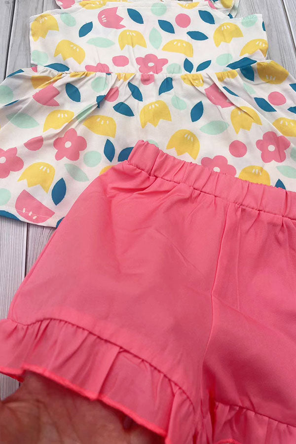 Yellow floral printed & coral shorts 2pcs girls sets/non-stretchy fabric XCH04060