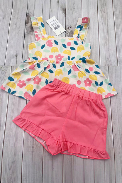 Yellow floral printed & coral shorts 2pcs girls sets/non-stretchy fabric XCH04060