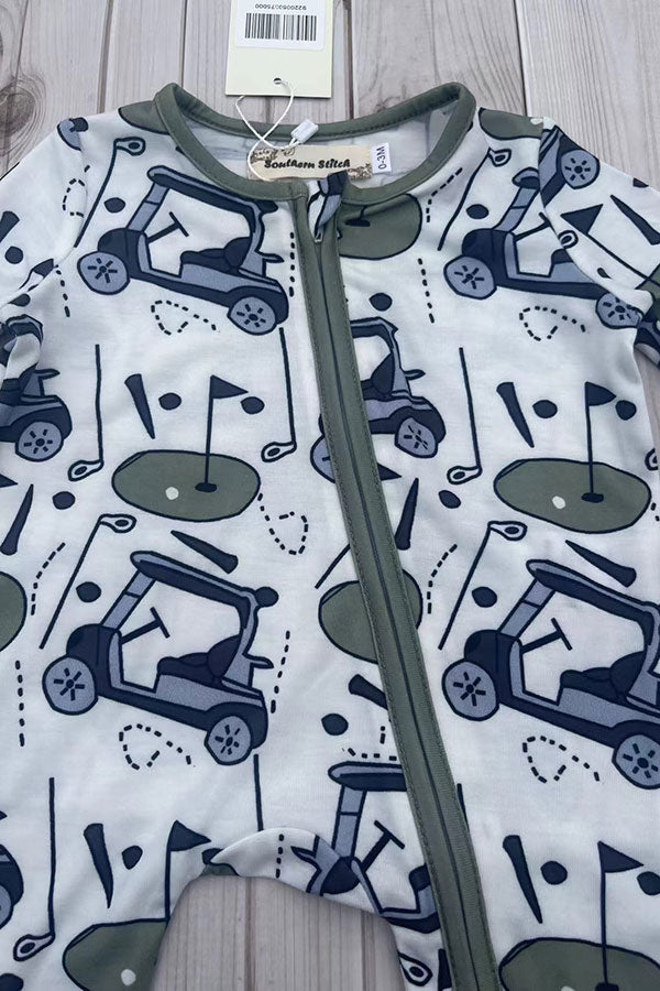 Golf cart pattern printed long sleeve baby romper XCH05037