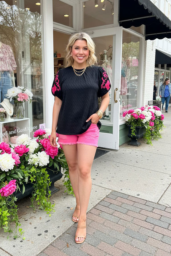 Pink floral embroidery puff short sleeve black women blouse XCH16809