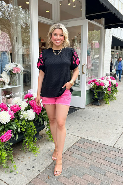 Pink floral embroidery puff short sleeve black women blouse XCH16809