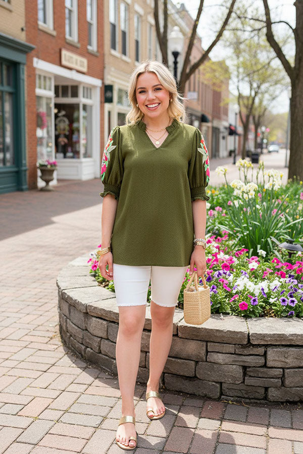 Olive Green flower embroidery ruffle short sleeve women top XCH16633