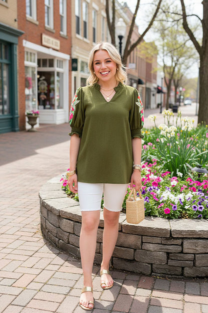 Olive Green flower embroidery ruffle short sleeve women top XCH16633
