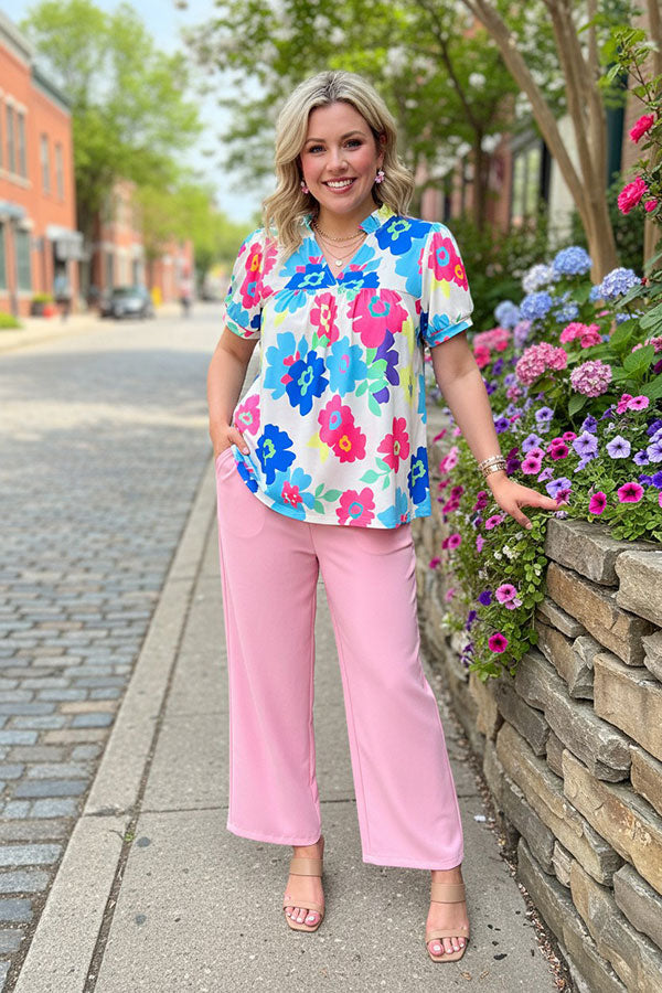 Floral multi color printed short sleeve & v-neckline women blouse XCH15792