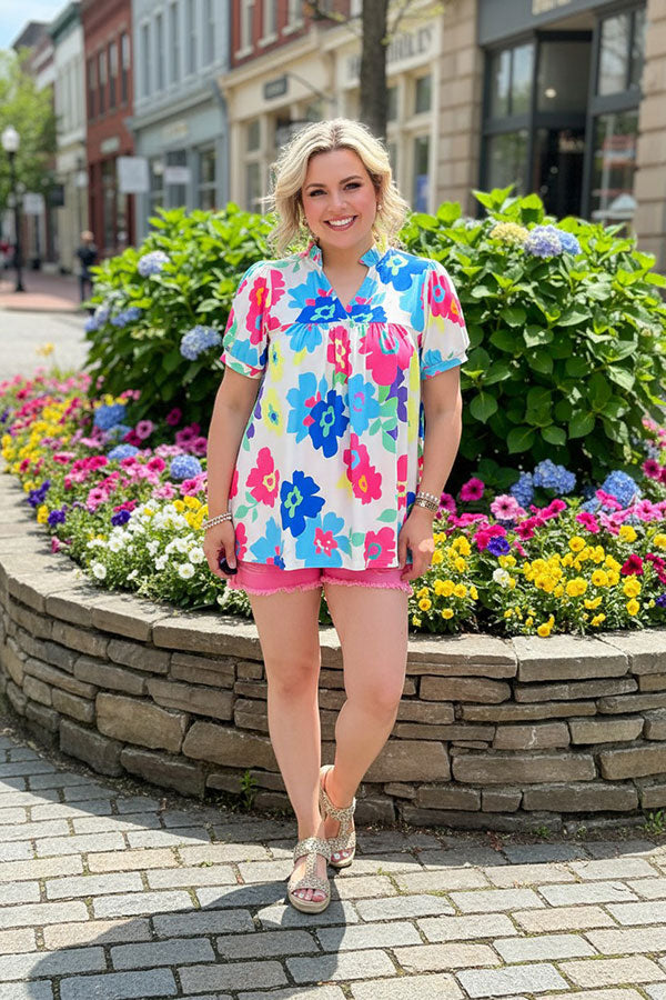 Floral multi color printed short sleeve & v-neckline women blouse XCH15792