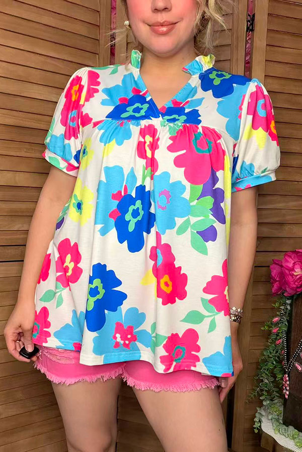 Floral multi color printed short sleeve & v-neckline women blouse XCH15792