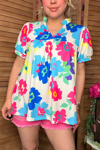 Floral multi color printed short sleeve & v-neckline women blouse XCH15792