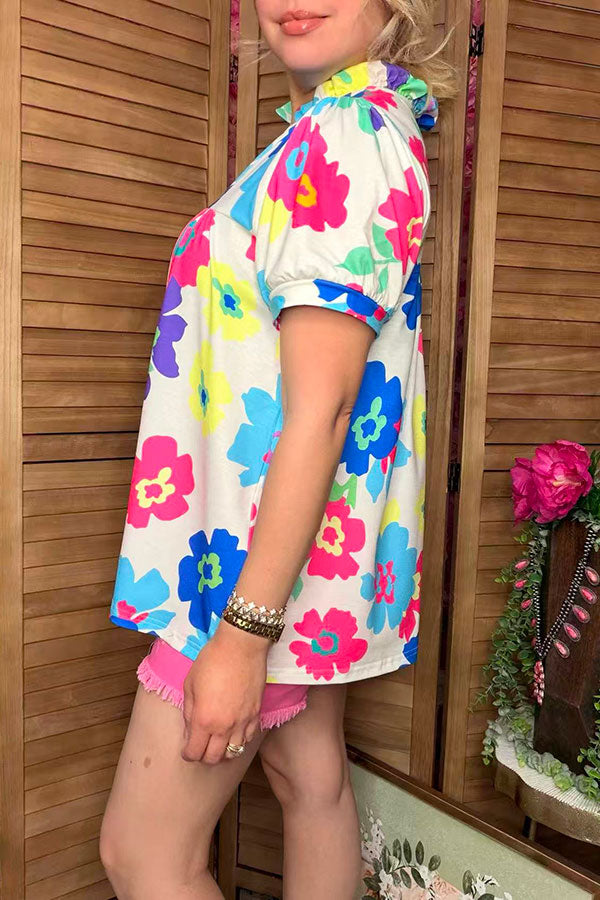 Floral multi color printed short sleeve & v-neckline women blouse XCH15792