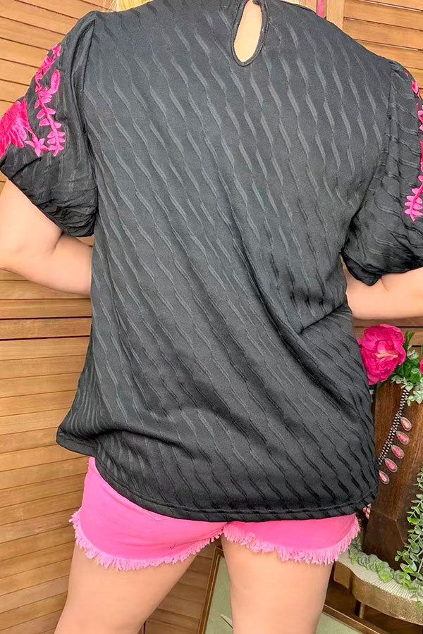 Pink floral embroidery puff short sleeve black women blouse XCH16809