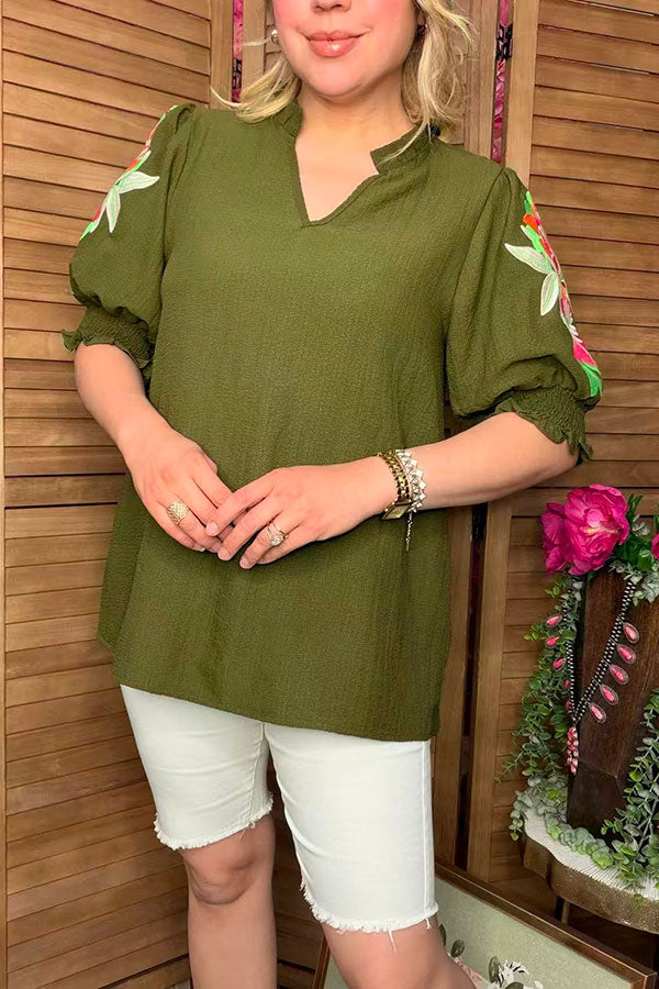Olive Green flower embroidery ruffle short sleeve women top XCH16633