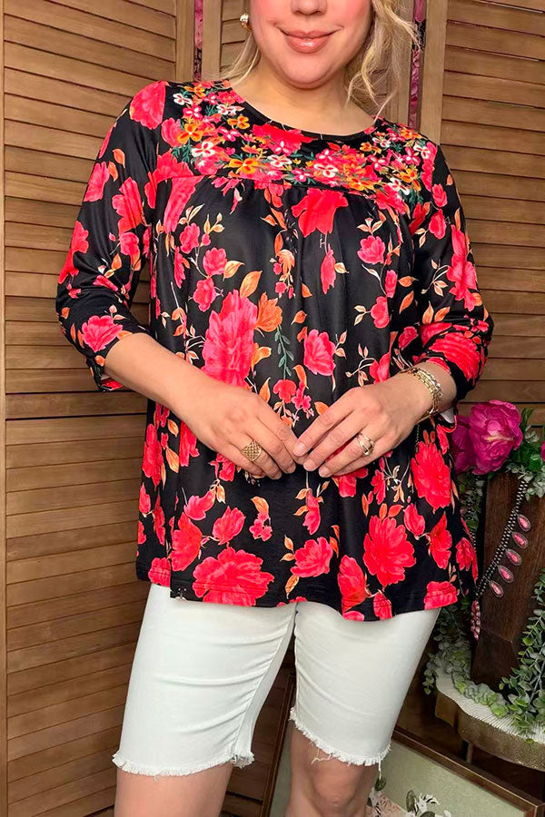 Floral embroidery & floral printed 3/4 sleeves baby doll women top XCH16339