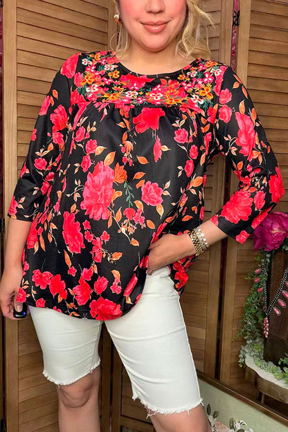 Floral embroidery & floral printed 3/4 sleeves baby doll women top XCH16339
