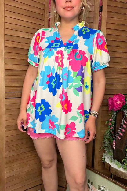 Floral multi color printed short sleeve & v-neckline women blouse XCH15792