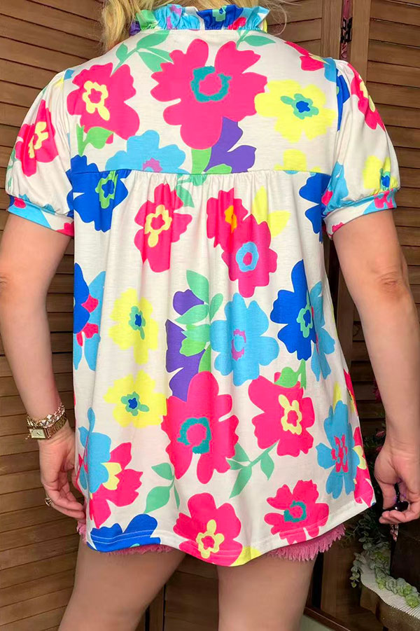 Floral multi color printed short sleeve & v-neckline women blouse XCH15792