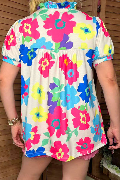 Floral multi color printed short sleeve & v-neckline women blouse XCH15792