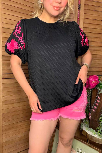 Pink floral embroidery puff short sleeve black women blouse XCH16809