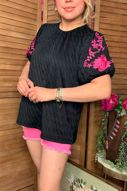 Pink floral embroidery puff short sleeve black women blouse XCH16809