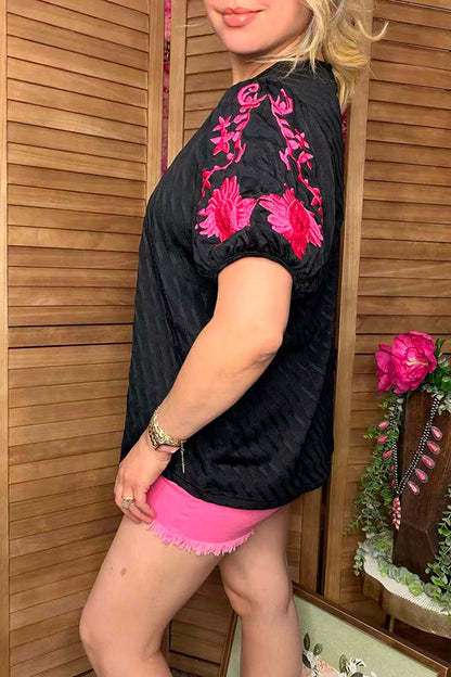 Pink floral embroidery puff short sleeve black women blouse XCH16809