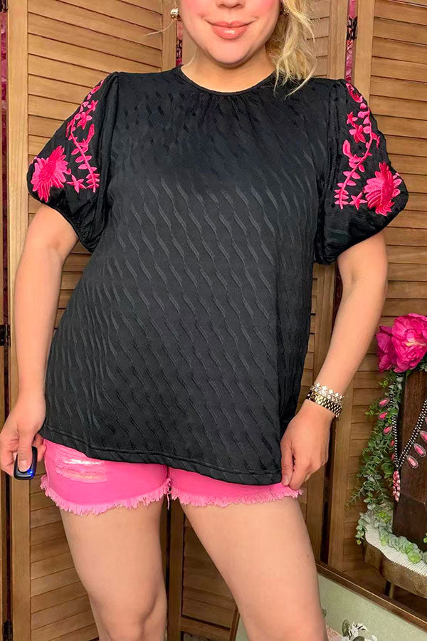 Pink floral embroidery puff short sleeve black women blouse XCH16809