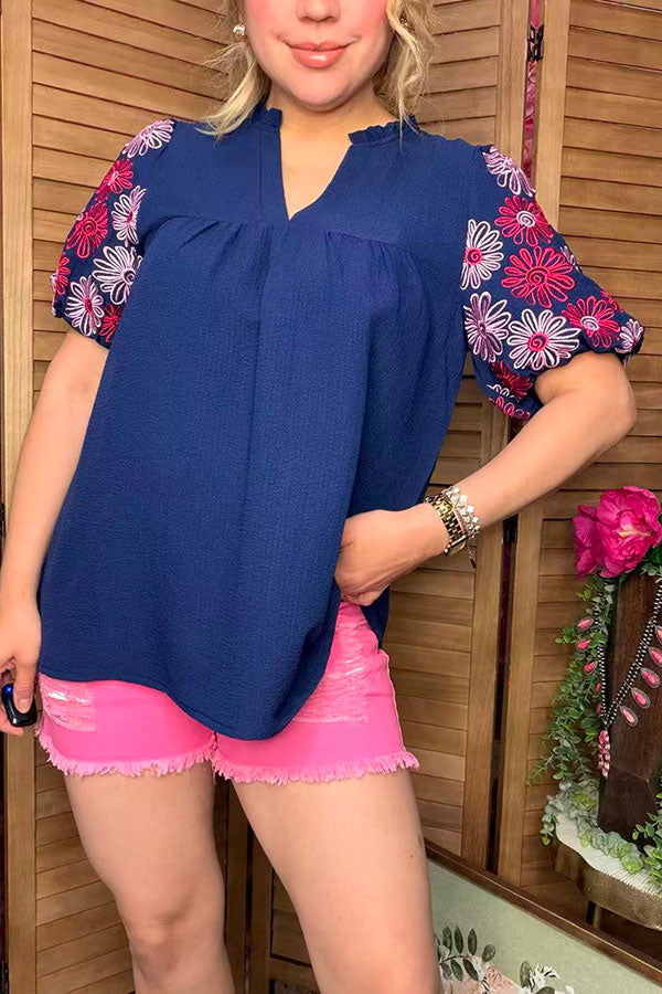 Southern Stitch pink flower embroidery navy blue women top XCH16730