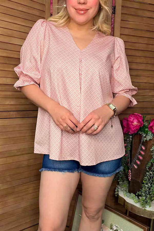 Southern Stitch Pink geometric print puff 3/4 sleeves women's blouse GJQ16999