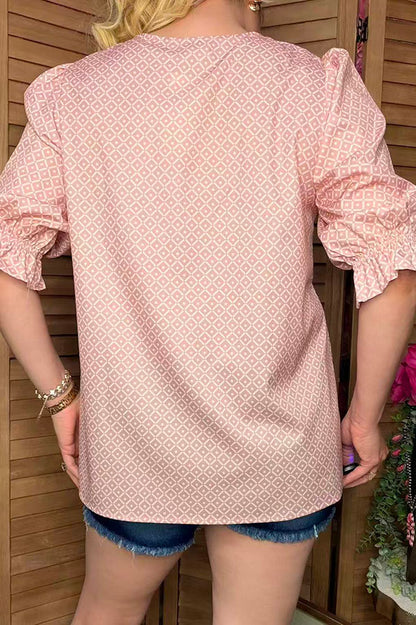 Southern Stitch Pink geometric print puff 3/4 sleeves women's blouse GJQ16999