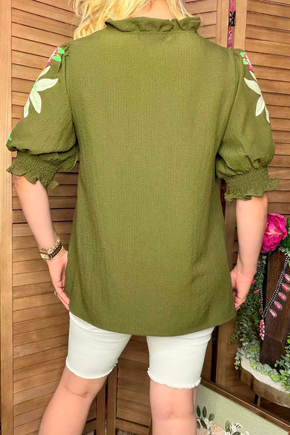 Olive Green flower embroidery ruffle short sleeve women top XCH16633