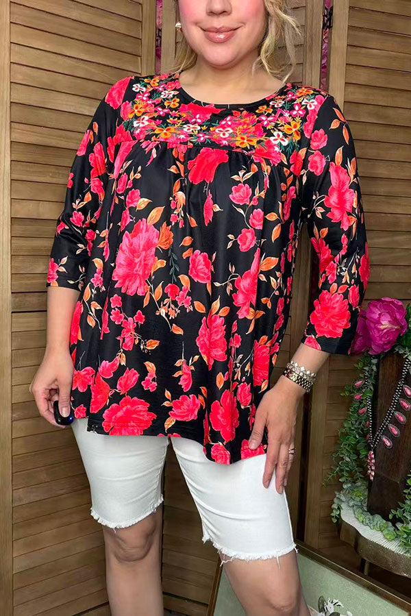 Floral embroidery & floral printed 3/4 sleeves baby doll women top XCH16339