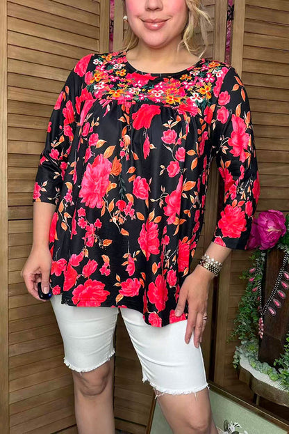 Floral embroidery & floral printed 3/4 sleeves baby doll women top XCH16339