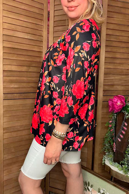 Floral embroidery & floral printed 3/4 sleeves baby doll women top XCH16339