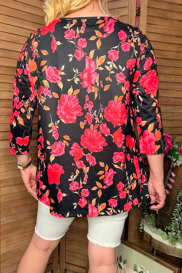 Floral embroidery & floral printed 3/4 sleeves baby doll women top XCH16339