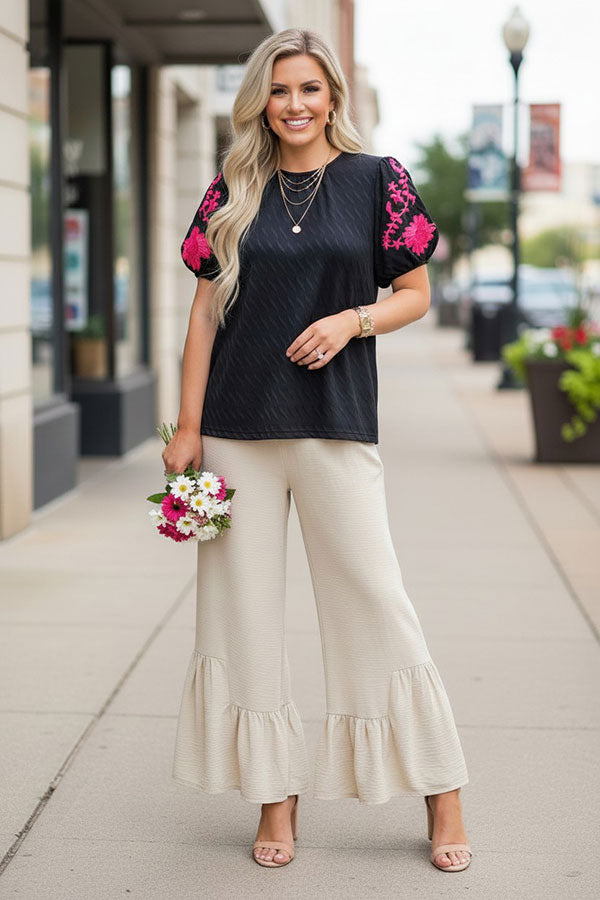 Pink floral embroidery puff short sleeve black women blouse XCH16809
