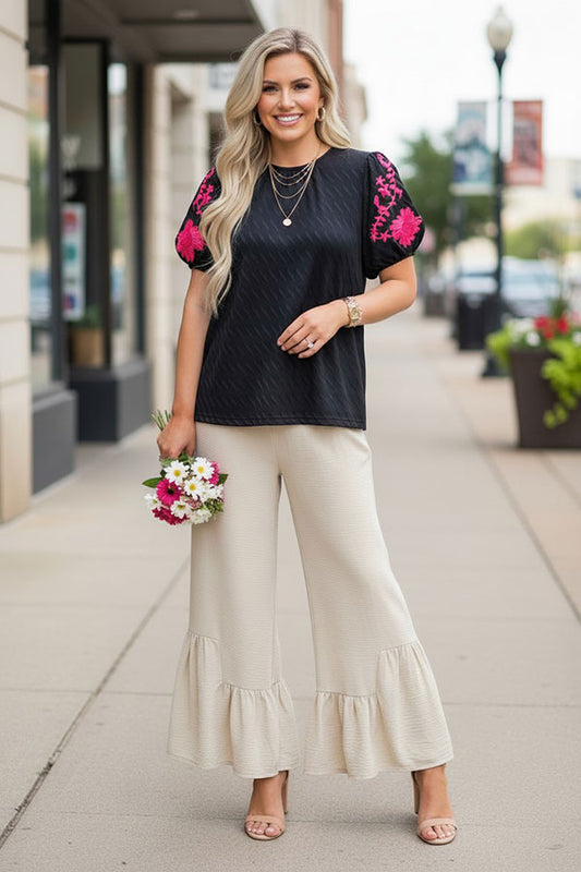 Pink floral embroidery puff short sleeve black women blouse XCH16809
